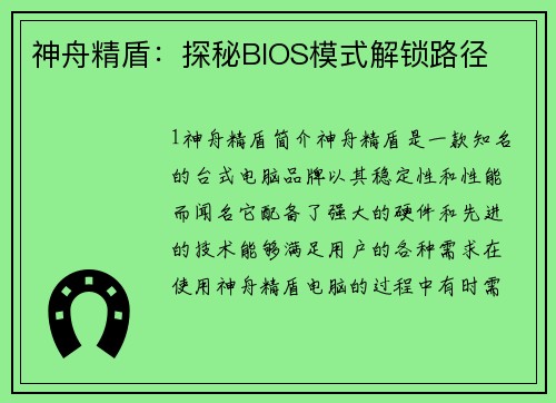 神舟精盾：探秘BIOS模式解锁路径